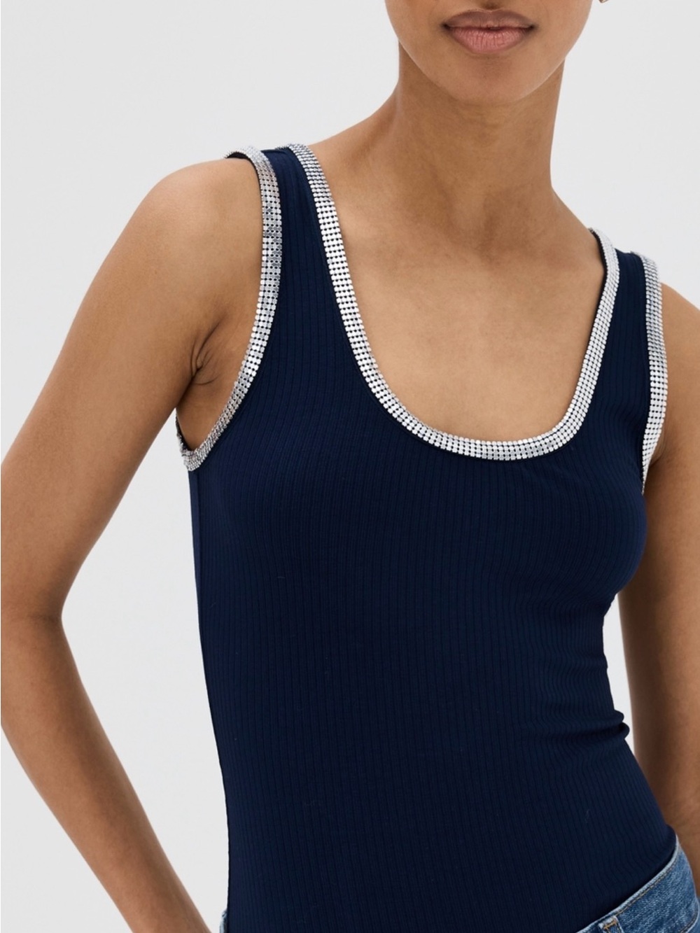 Crystal-Trim Navy Ribbed Tank Top